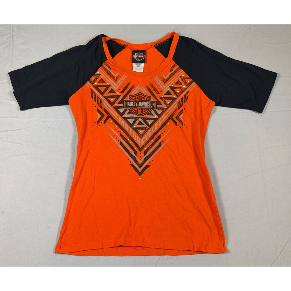 Harley-Davidson Women Orange Black Raglan V-Neck Graphic T-Shirt Large